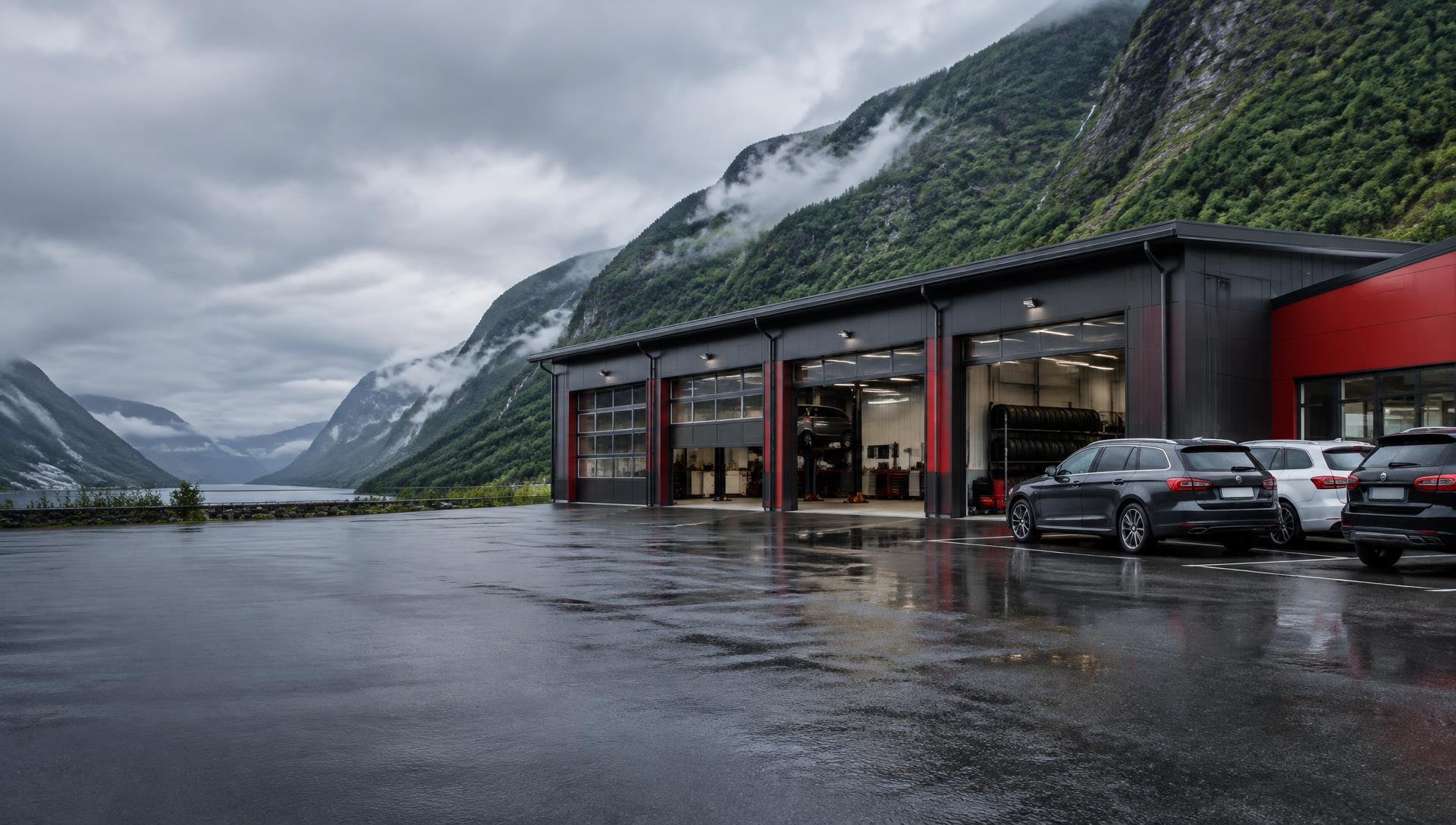 Bilverksted og personbiler i vestnorsk fjordlandskap
